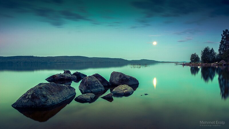 Moonlit Lake with Rocks — Blue