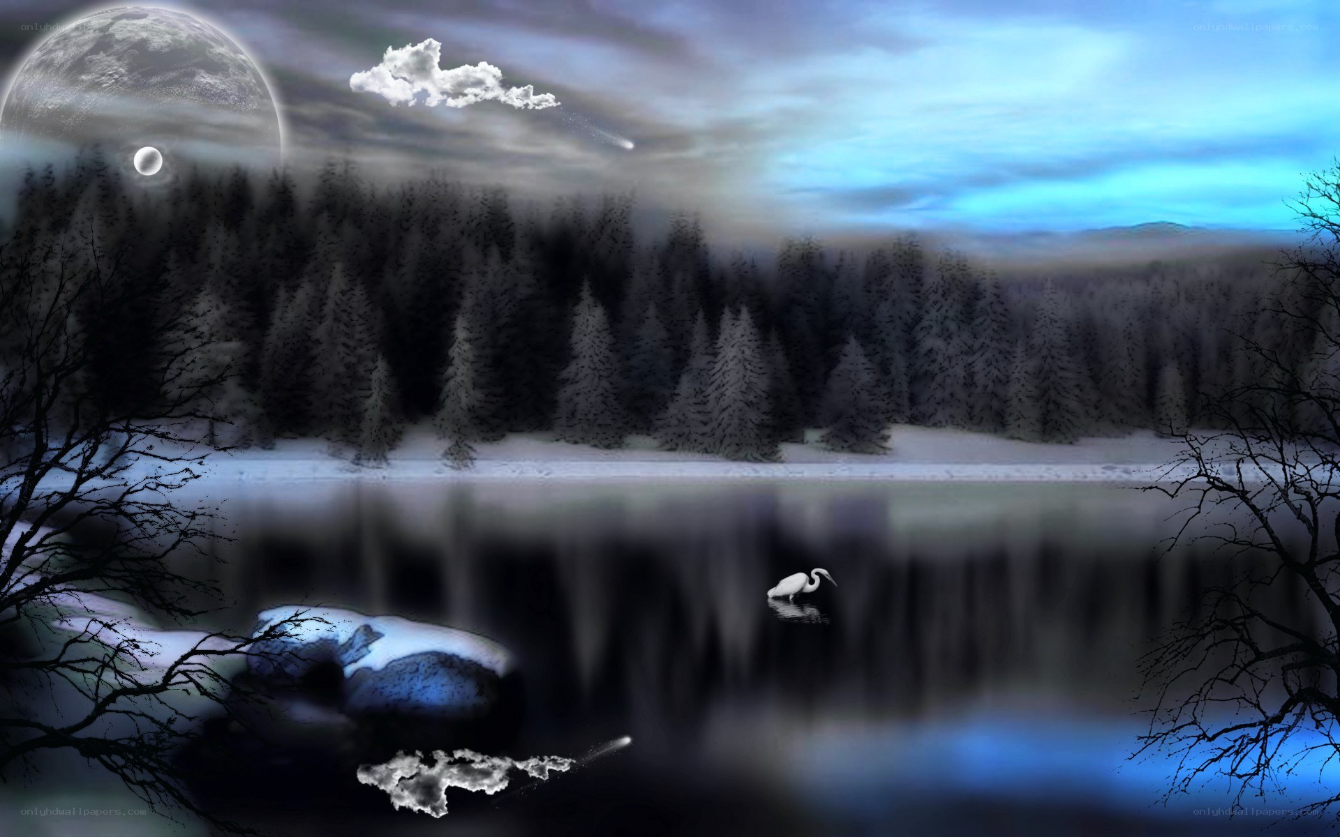 Moonlit lake with snowy forest