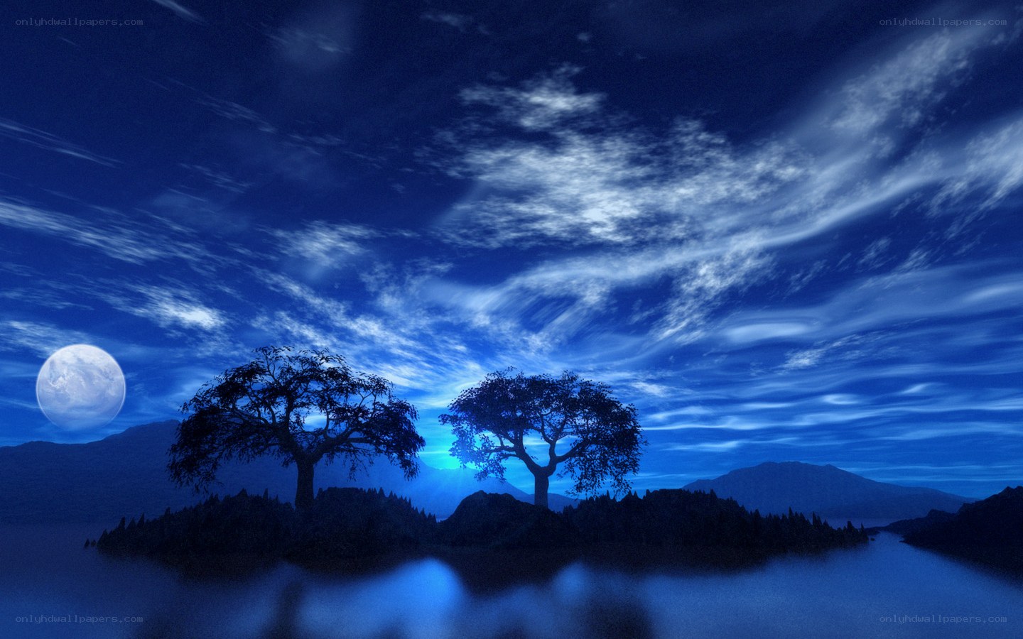Moonlit lake with trees