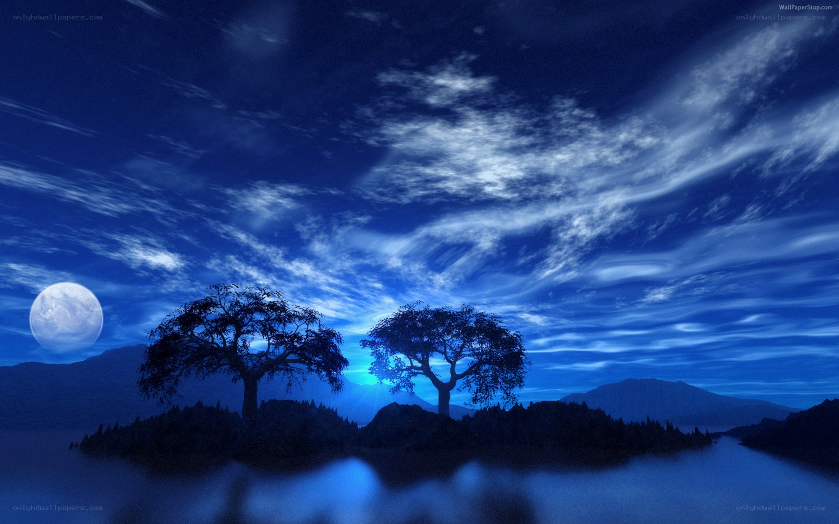 Moonlit lake with trees