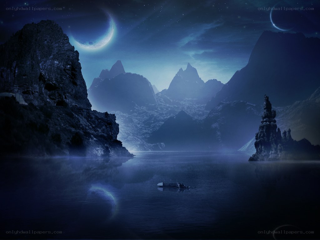 Moonlit lake with twin moons
