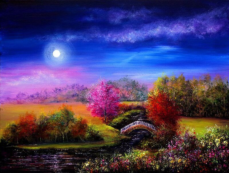 Moonlit Landscape with Bridge — Blue