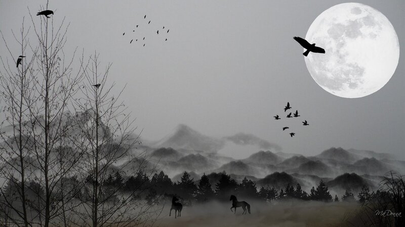 Moonlit landscape with horses