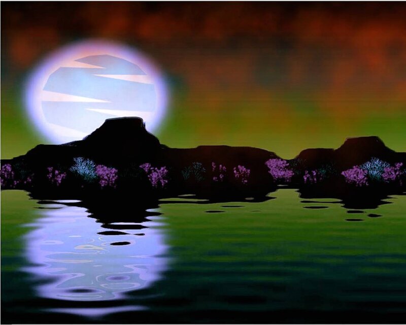 Moonlit landscape with purple flowers