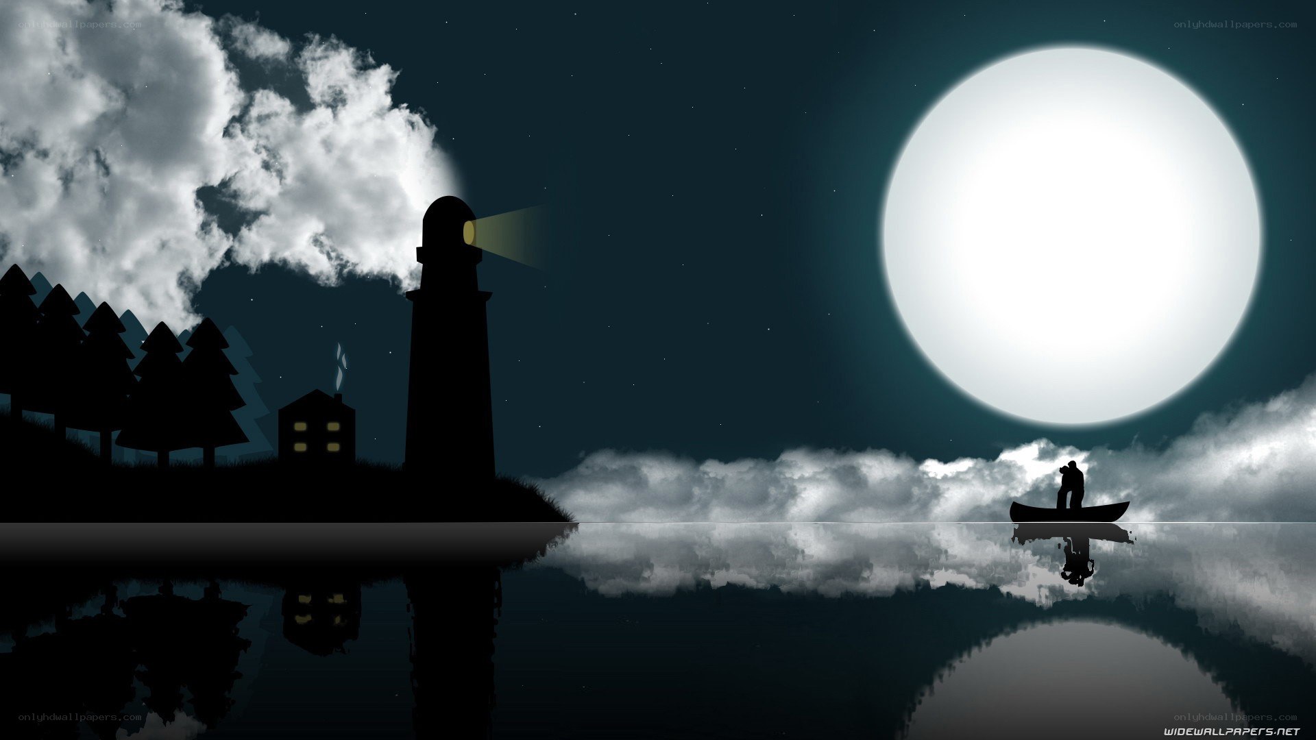 Moonlit lighthouse and boat