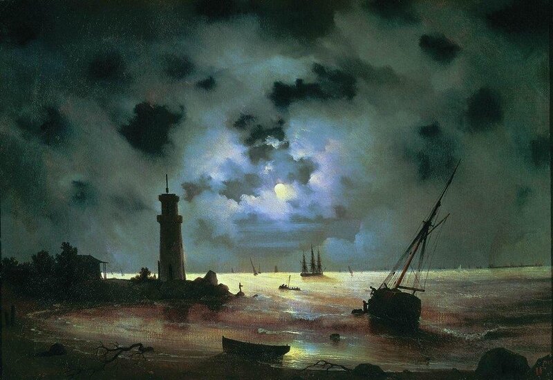 Moonlit lighthouse at night