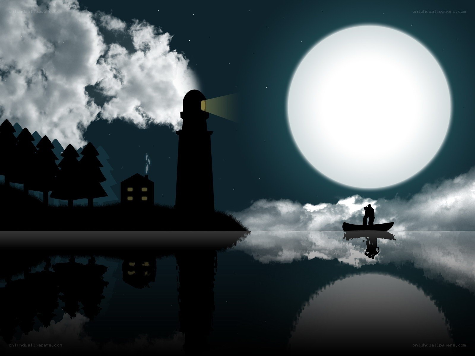 Moonlit lighthouse scene