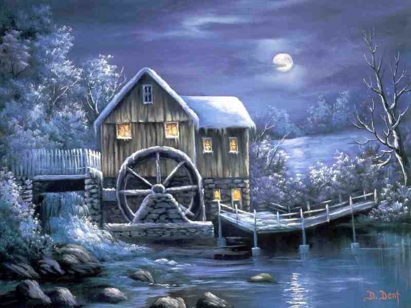 Moonlit Mill in Winter