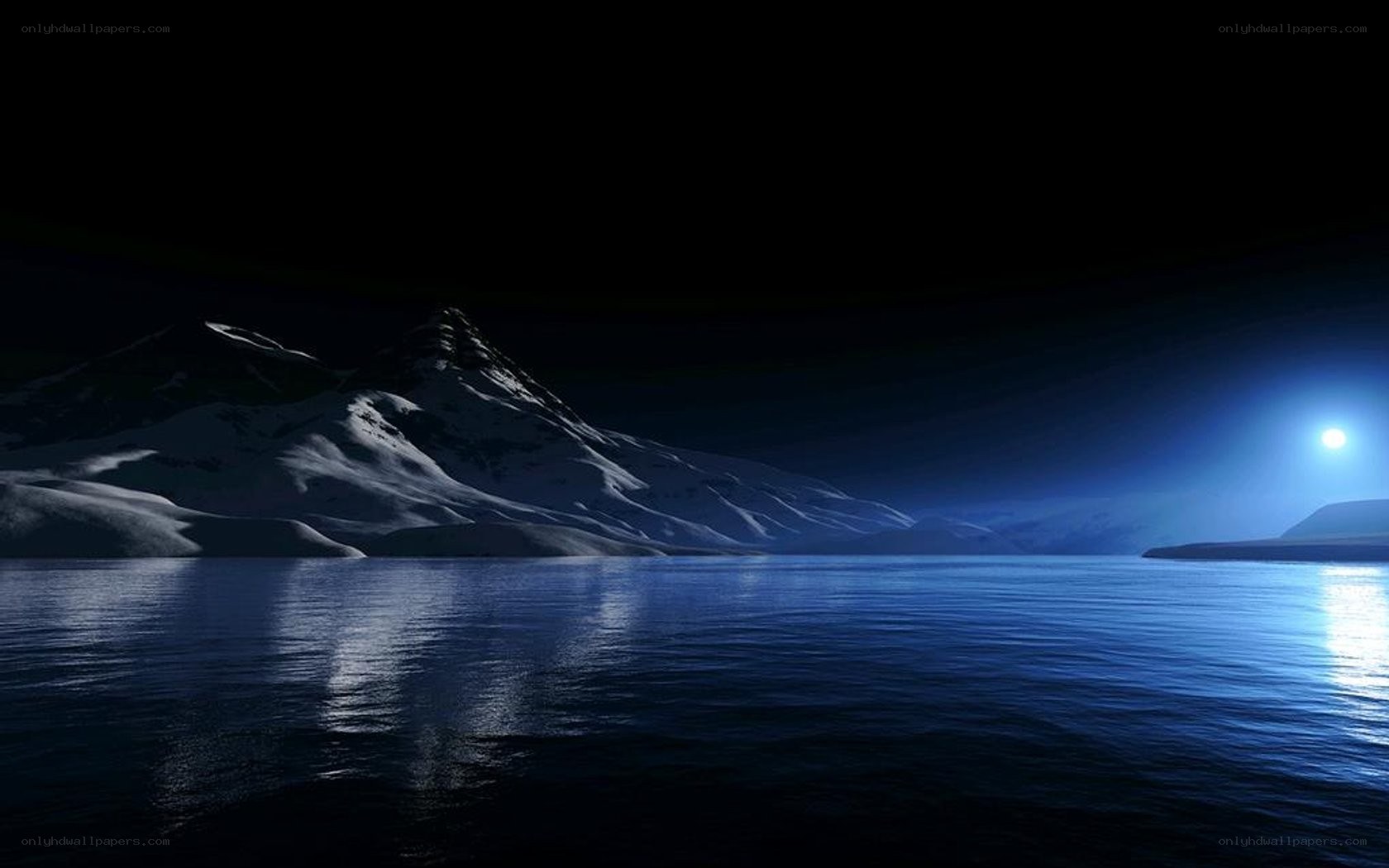 Moonlit mountain lake at night