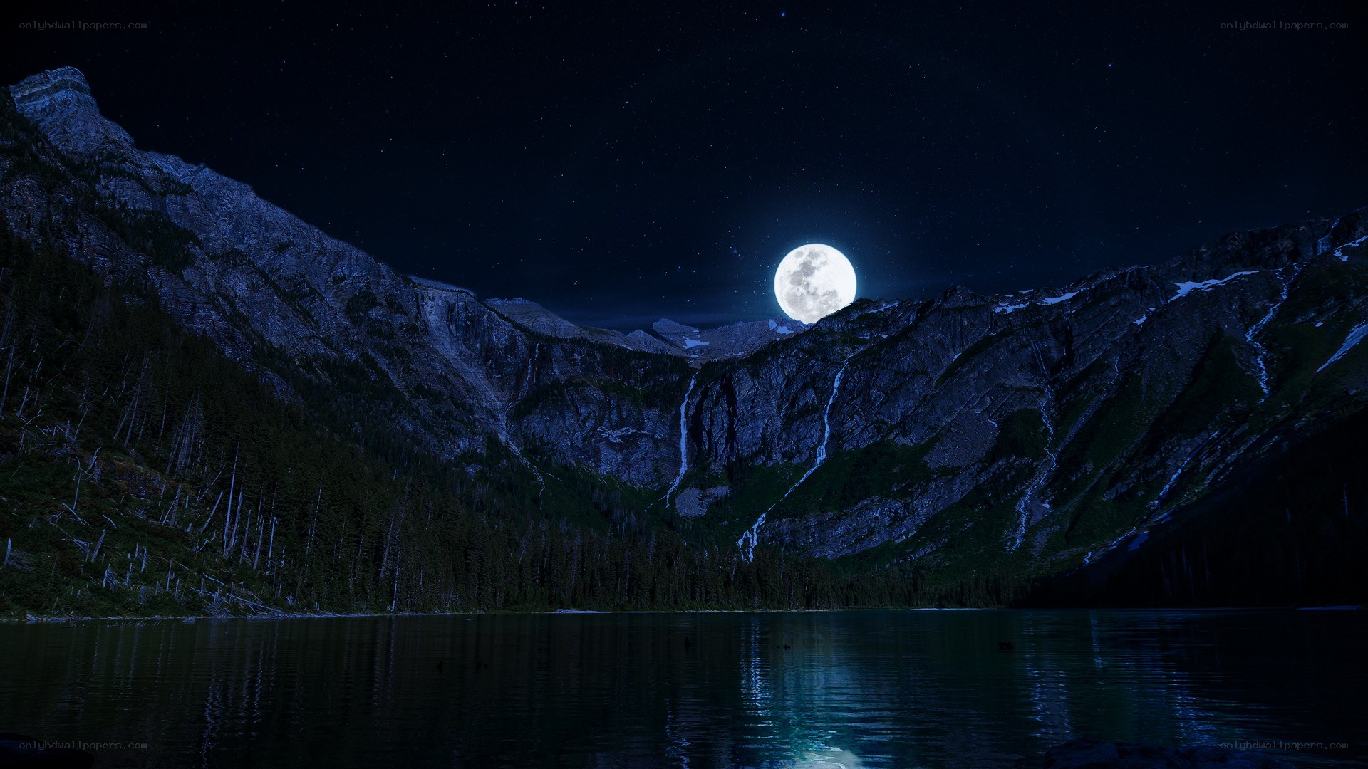 Moonlit mountain lake at night