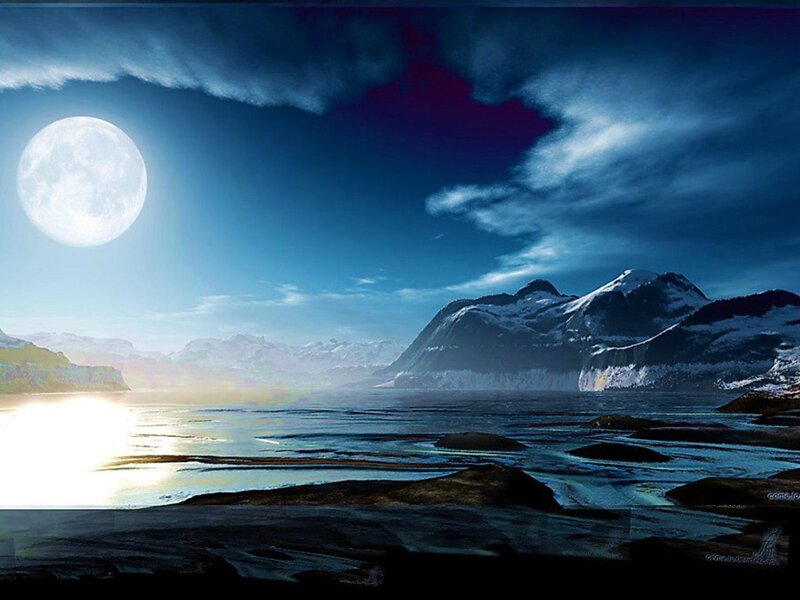 Moonlit Mountain Lake — Blue, Serene, Night, Digital Art
