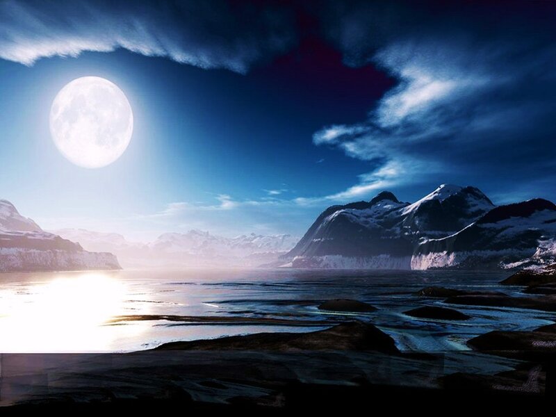 Moonlit mountain lake landscape