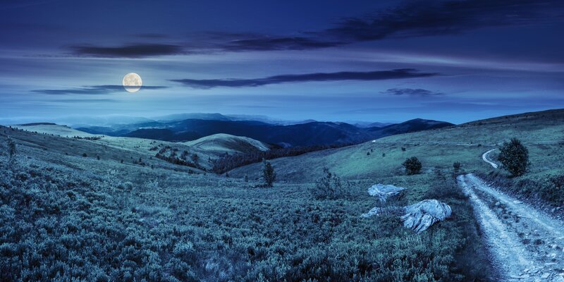 Moonlit Mountain Landscape — Blue, Serene