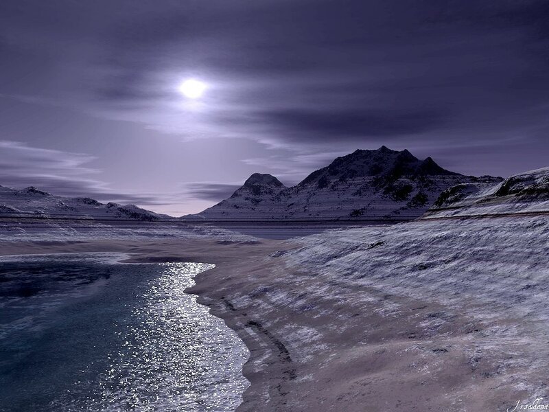 Moonlit mountain river landscape