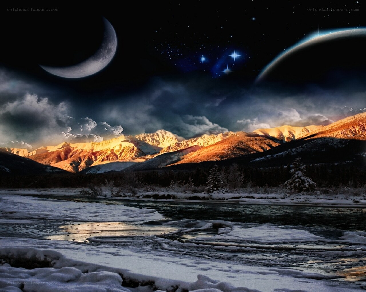 Moonlit mountain river scene