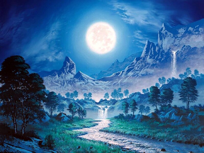 Moonlit Mountain Valley — Blue, Serene