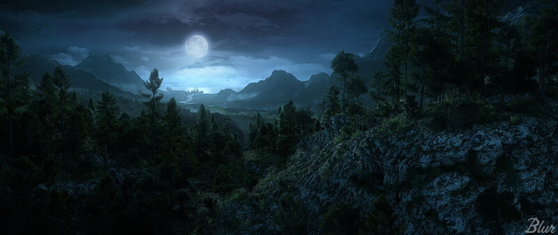Moonlit Mountain Valley — Blue