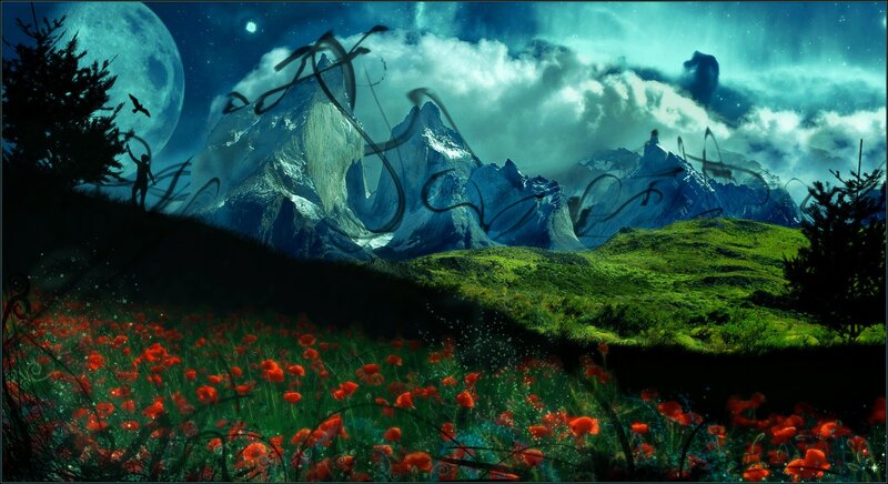 Moonlit mountains and poppy field