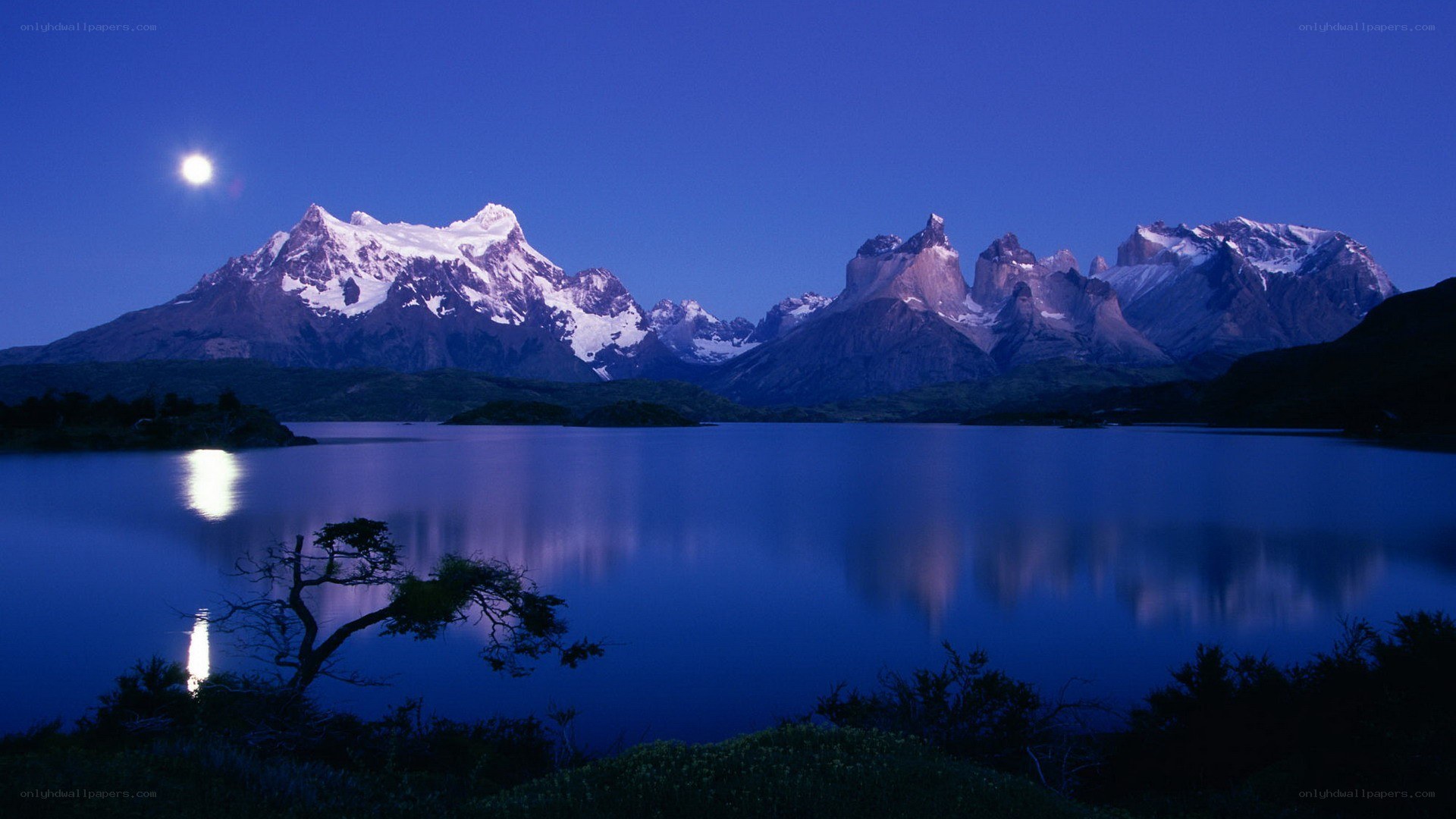 Moonlit mountains reflected in a lake