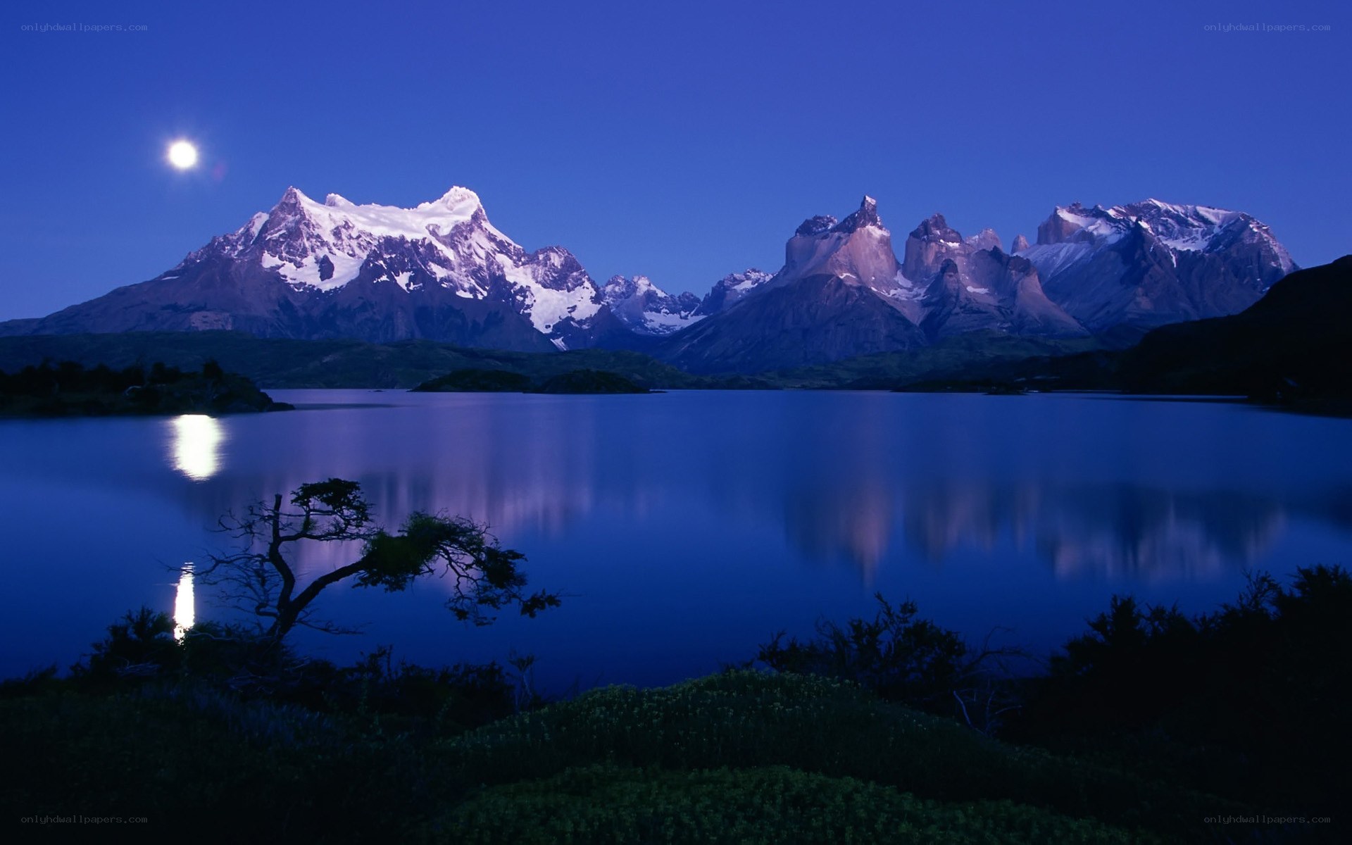 Moonlit mountains reflected in a lake