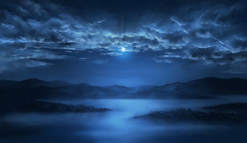 Moonlit night over misty mountains