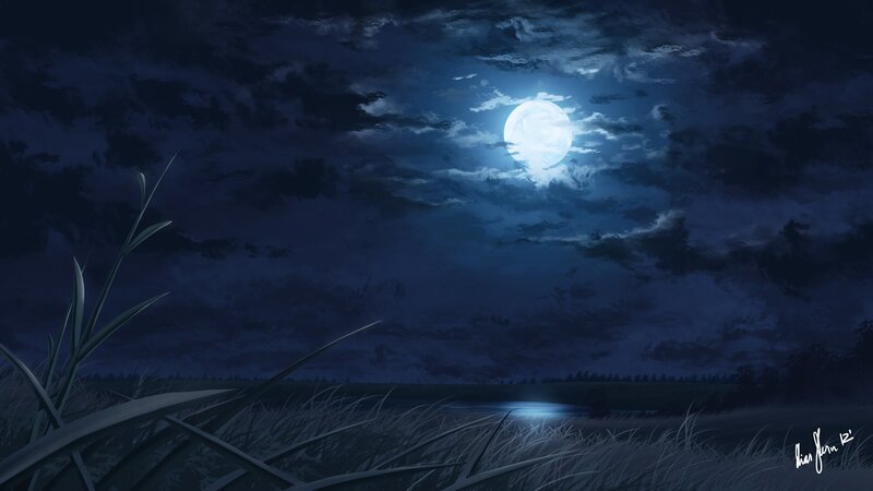 Moonlit Night Sky — Blue, Serene, Digital Art, Clouds