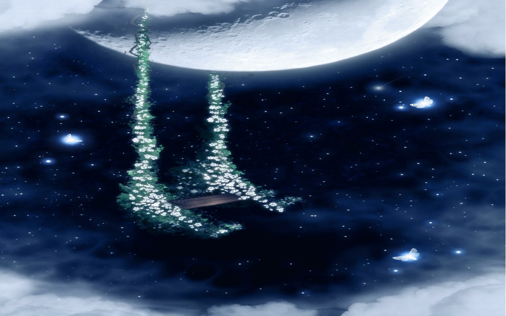 moonlit night with glowing trees