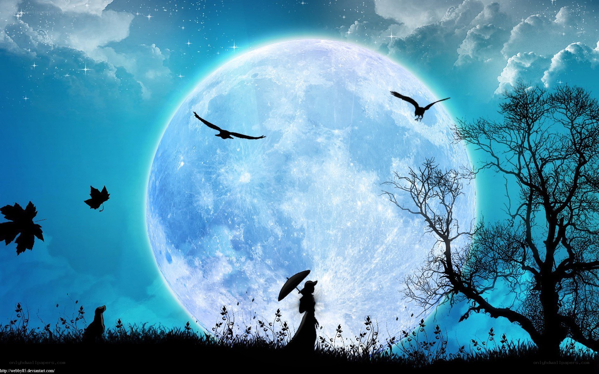 Moonlit night with silhouettes