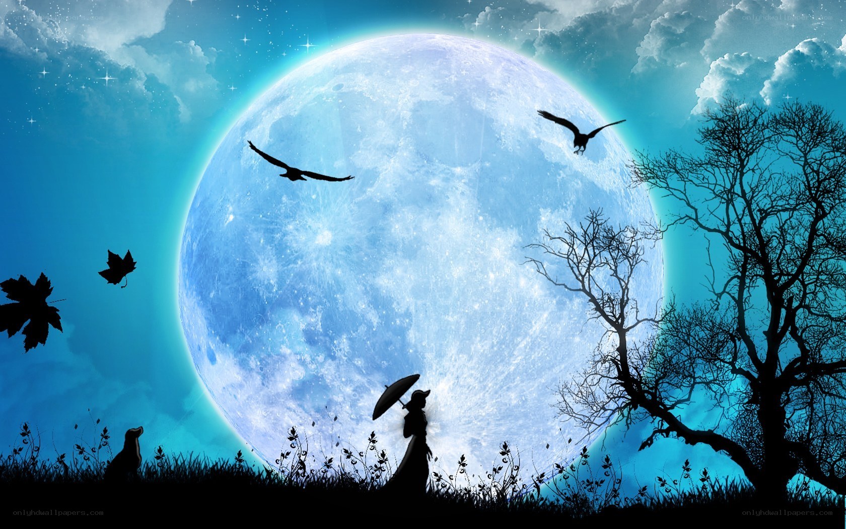 Moonlit night with silhouettes