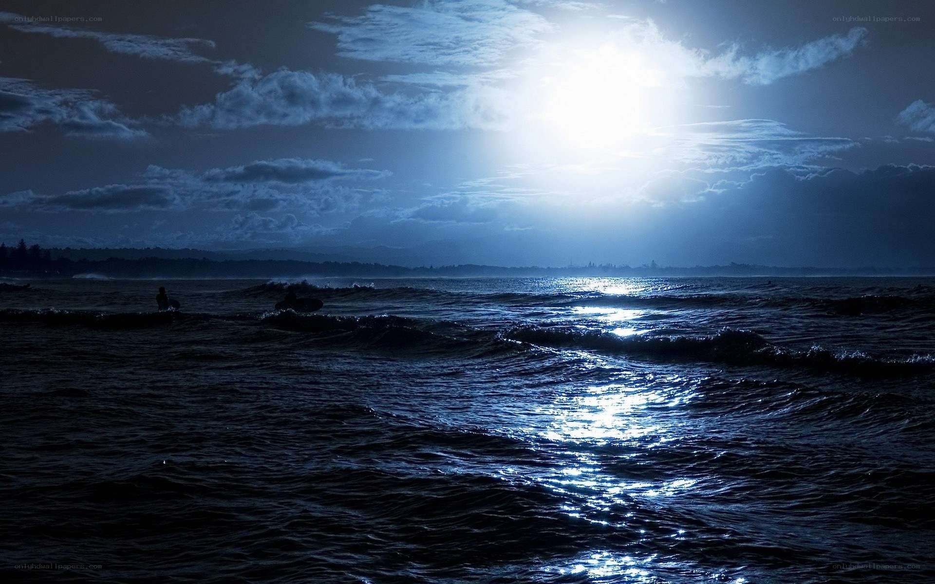 Moonlit ocean at night