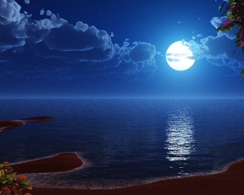 Moonlit Ocean at Night — Blue, Serene, Digital Art, Clouds