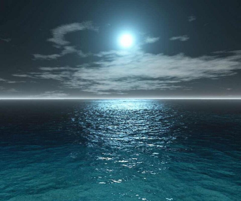 Moonlit Ocean at Night — Blue, Serene, Digital Art, Moon