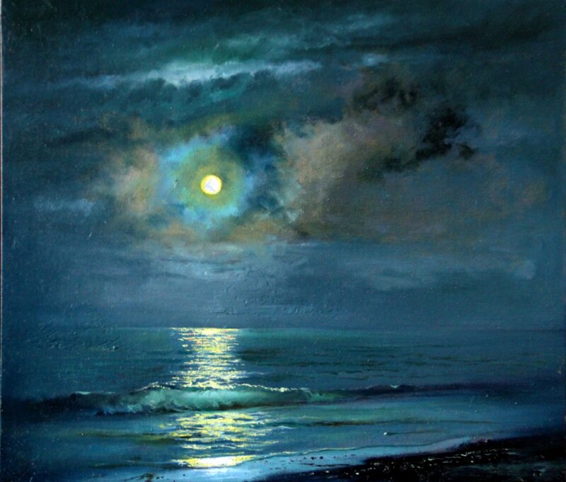 Moonlit Ocean at Night — Blue, Serene, Painting