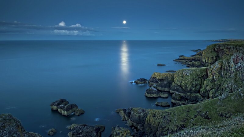 Moonlit Ocean at Night — Blue, Serene, Photograph, Moon, Cliffs