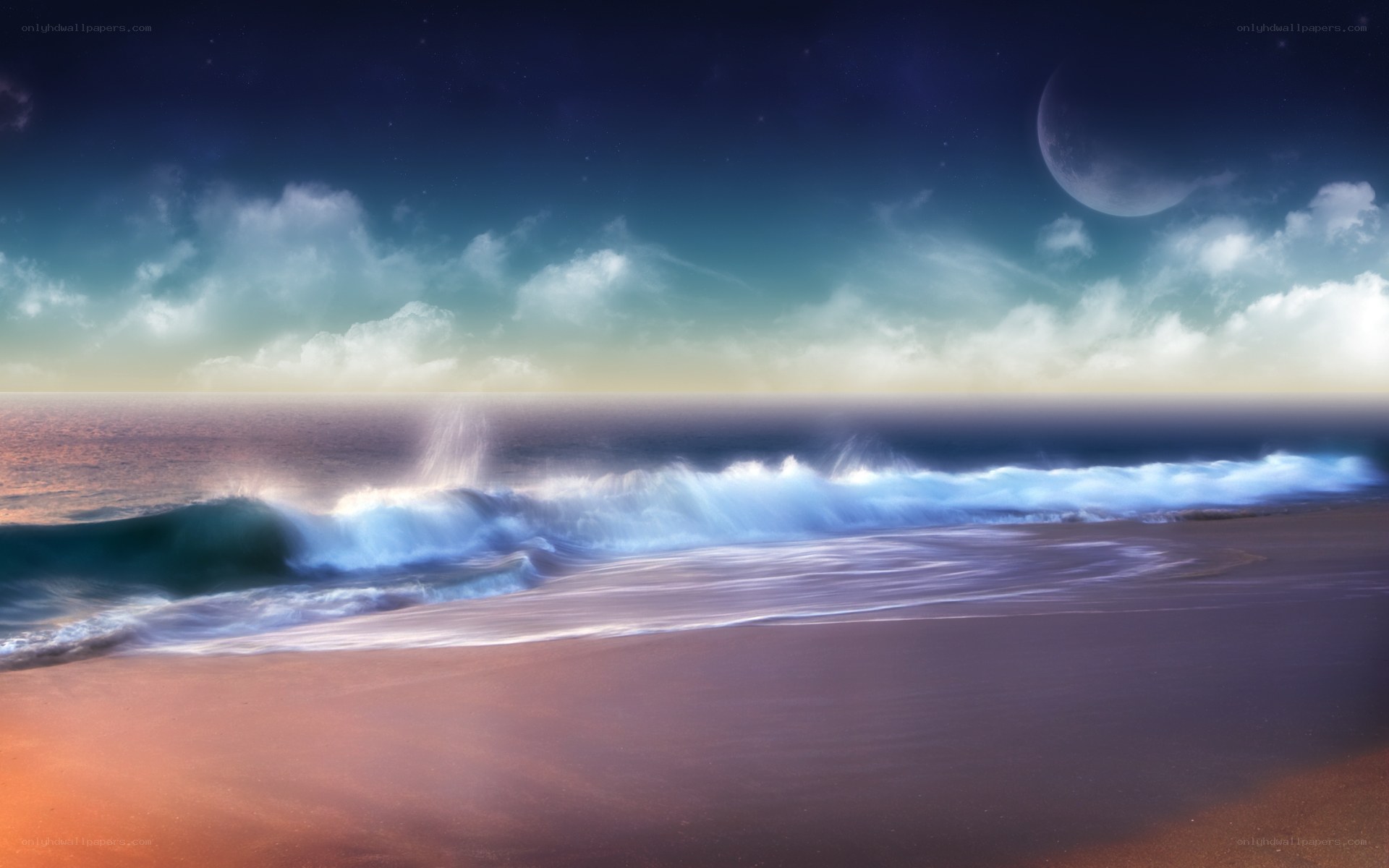 Moonlit ocean waves at night