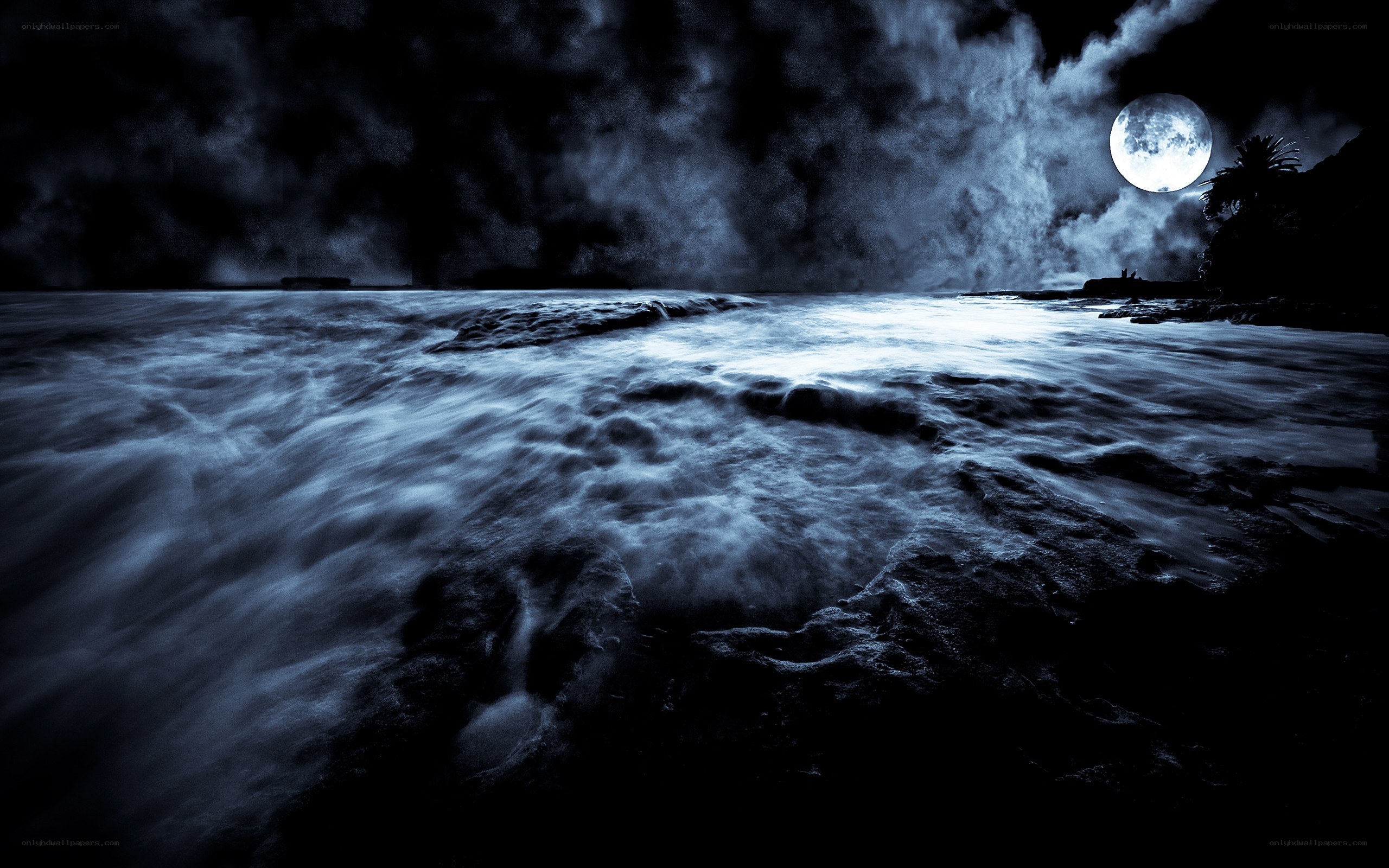 Moonlit ocean waves at night