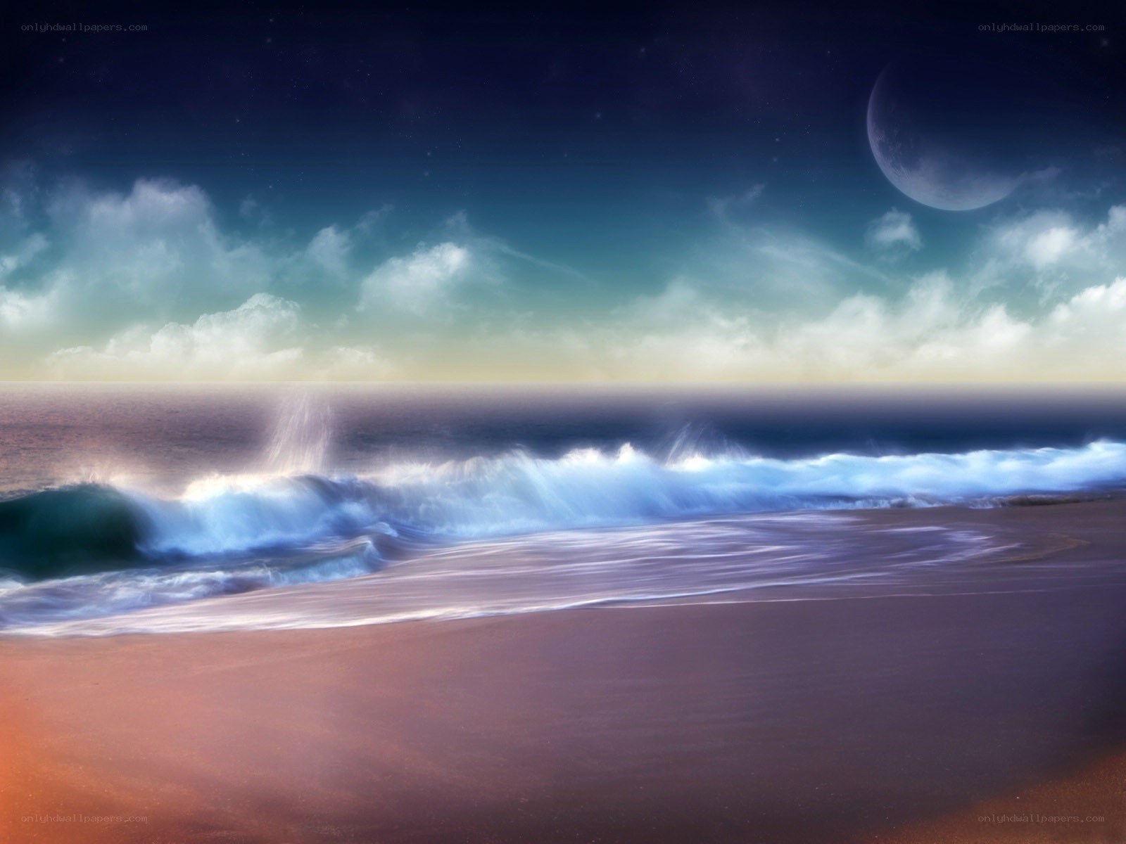 Moonlit ocean waves at night