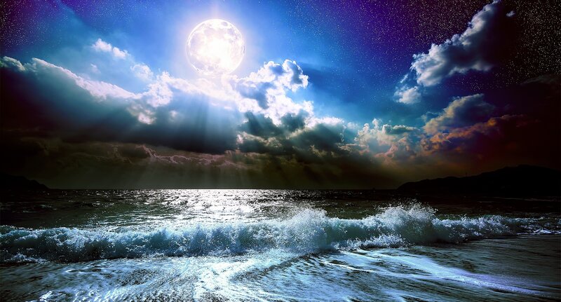 Moonlit Ocean Waves — Blue, Dramatic, Night, Digital Art