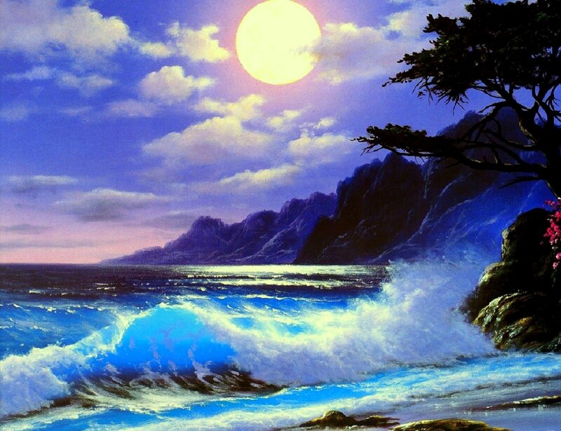 Moonlit Ocean Waves — Blue, Dramatic, Night, Painting