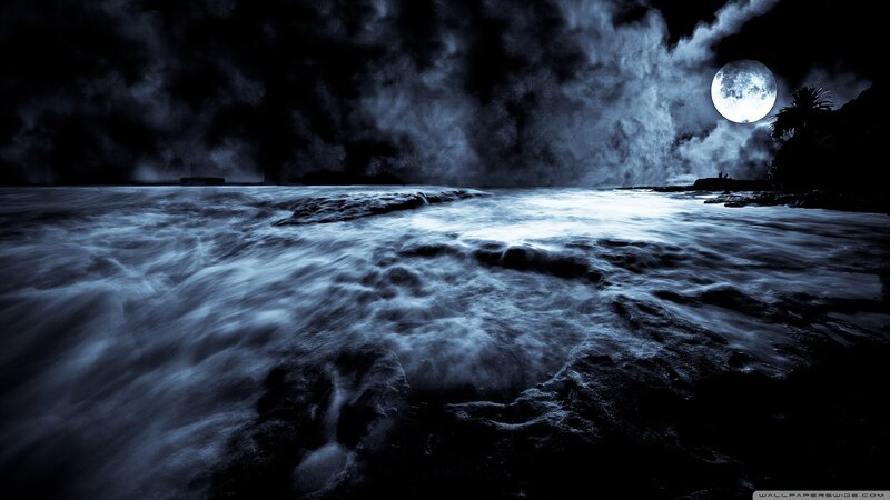 Moonlit Ocean Waves — Blue, Dramatic, Night, Photograph, Moon, Clouds, Palm Tree