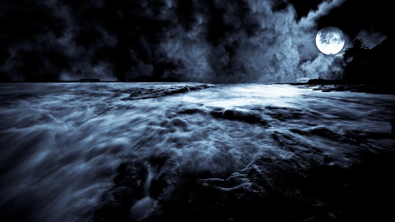 Moonlit Ocean Waves — Blue, Dramatic, Night, Photograph, Moon, Clouds