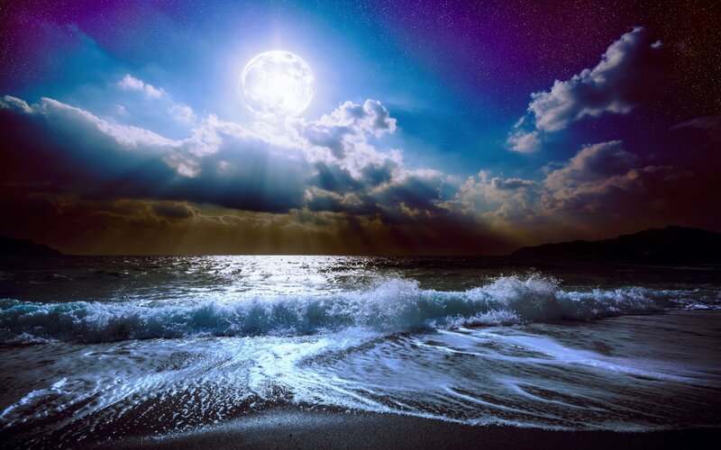 Moonlit Ocean Waves — Blue, Dramatic, Night, Photograph, Moon