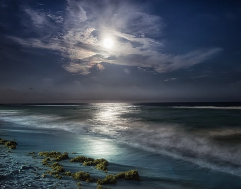 Moonlit Ocean Waves — Blue, Serene, Night, Photograph