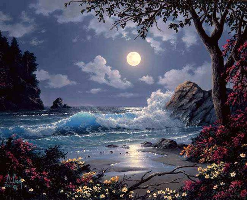 Moonlit Ocean Waves — Blue, Serene, Night