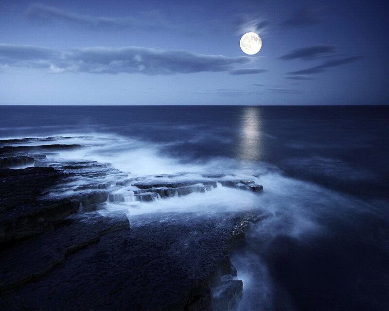 Moonlit Ocean Waves — Blue, Serene