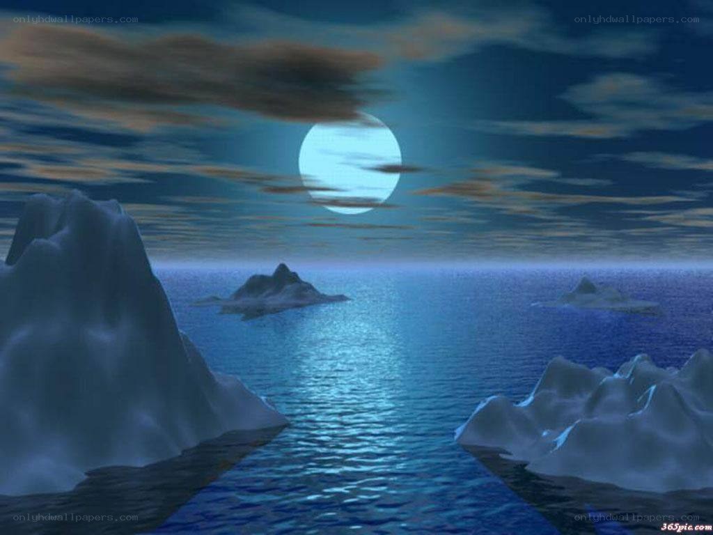 Moonlit ocean with icebergs
