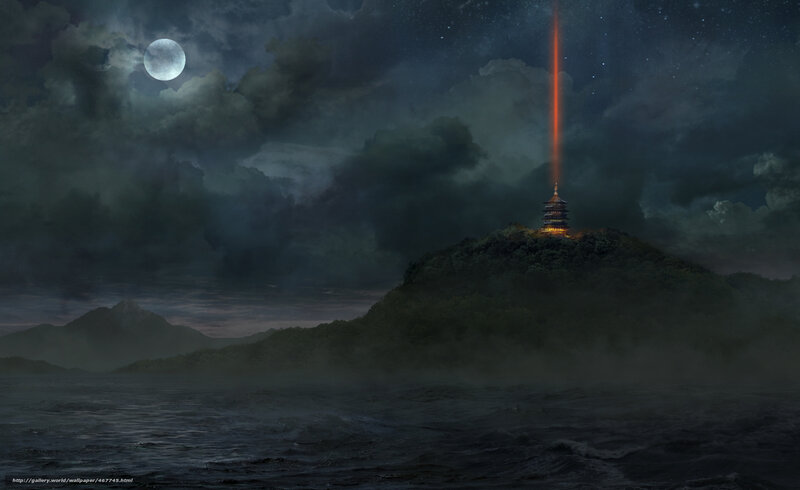 Moonlit Pagoda on a Misty Island