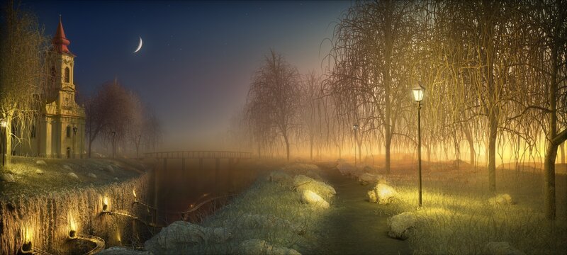 Moonlit park at night