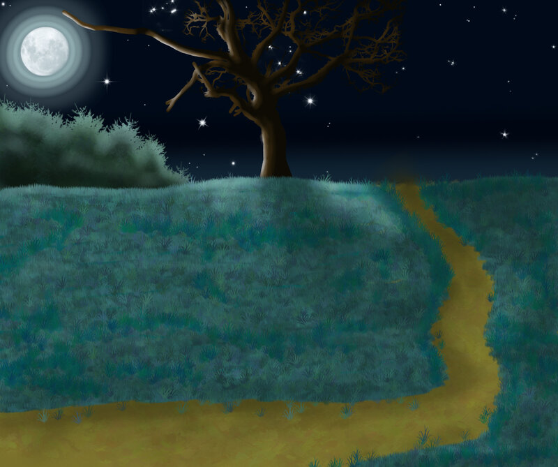 Moonlit path under a bare tree