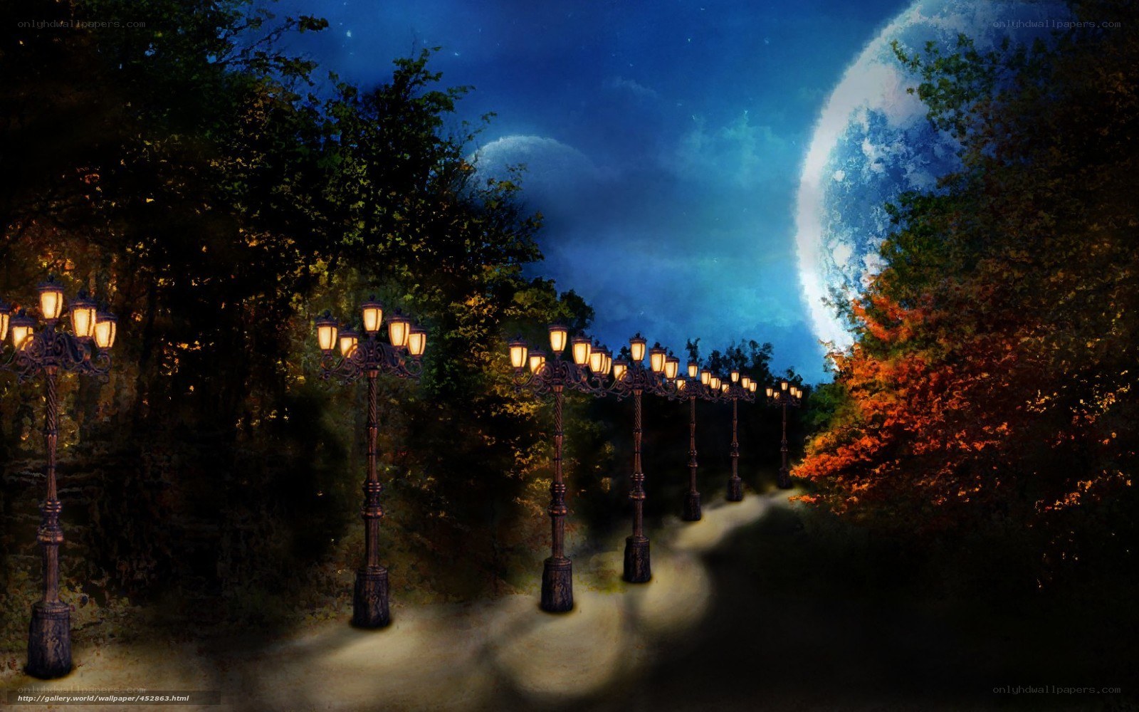 Moonlit path with street lamps